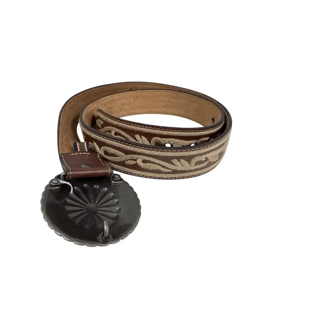 Eddie Bauer Brown Genuine Leather Embroidered Western Concho Belt Size L